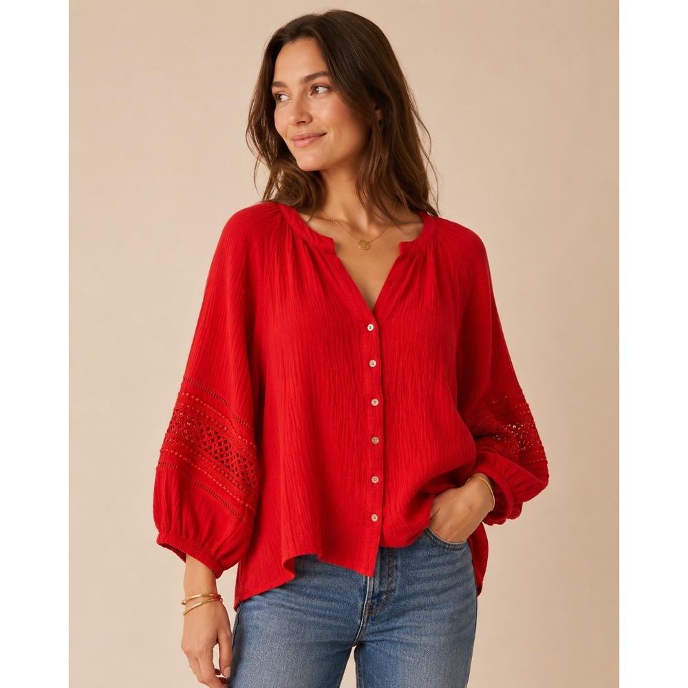 Calypso St Barth‎ Red Cotton Gauze Balloon Sleeve Peasant Blouse 1X
